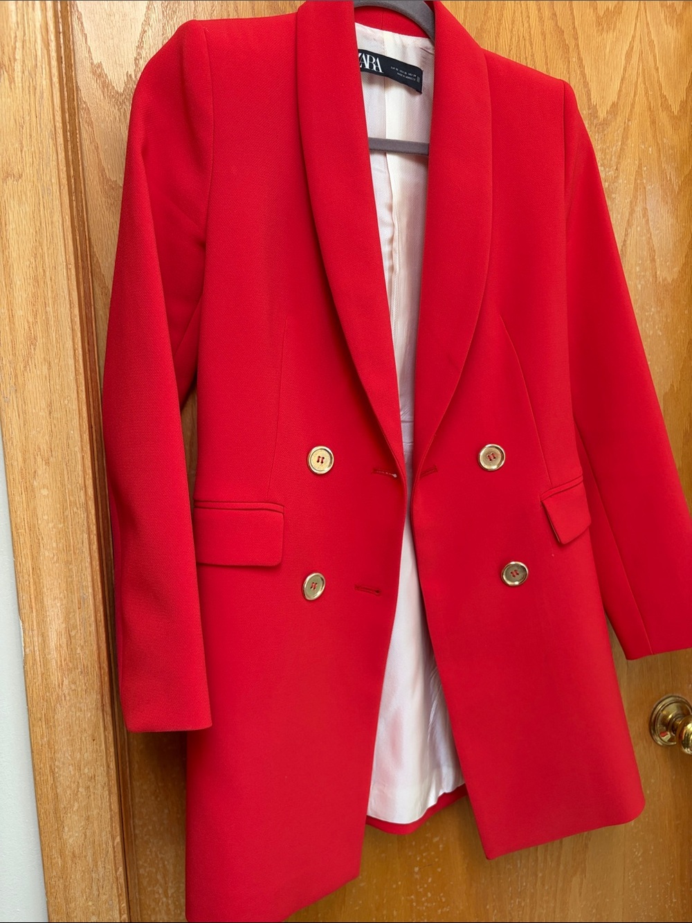Zara Bright Red Double-Breasted Blazer Coat with Gold Buttons